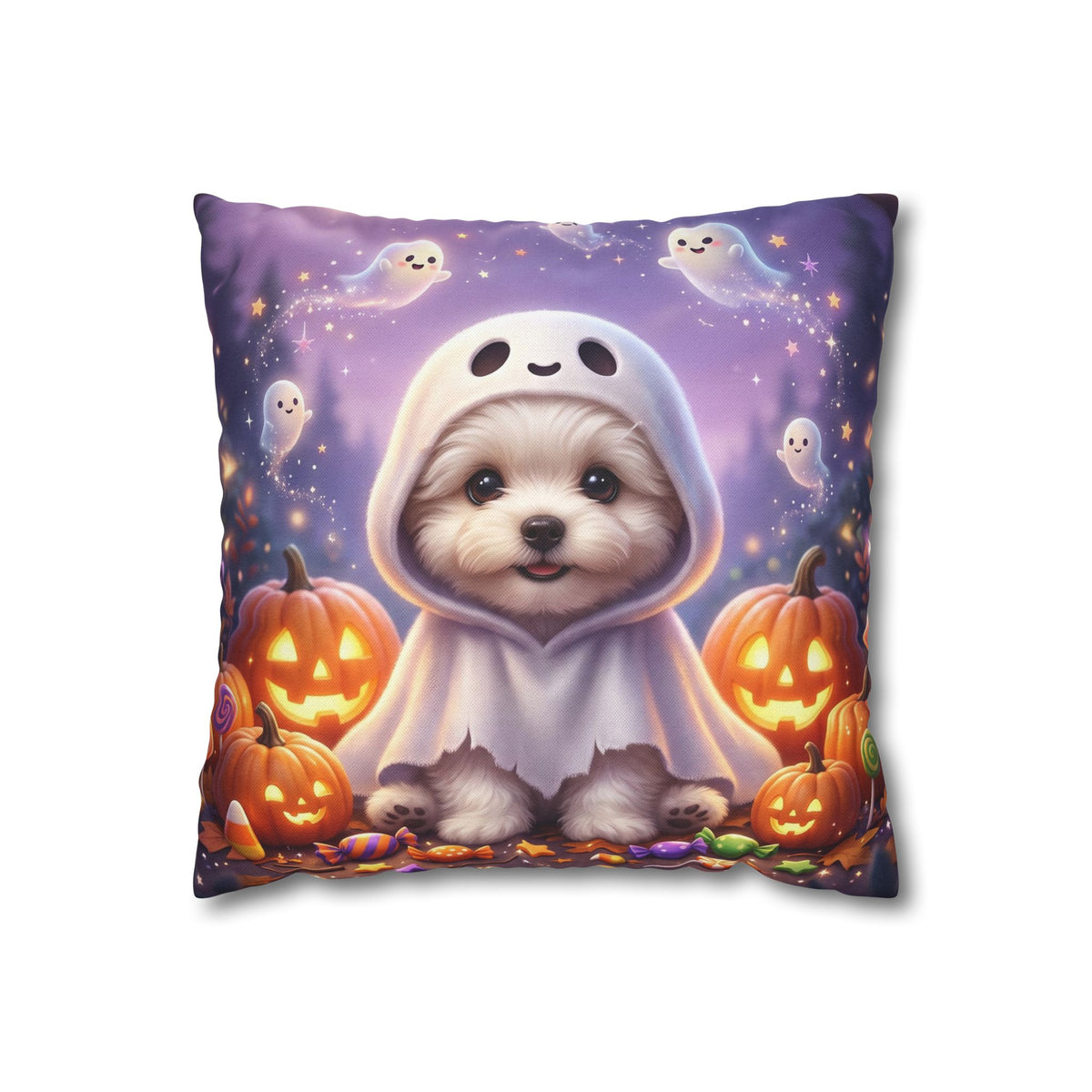 Halloween Puppy Pillowcase — Cute Ghost Dog with Jack-O'-Lanterns