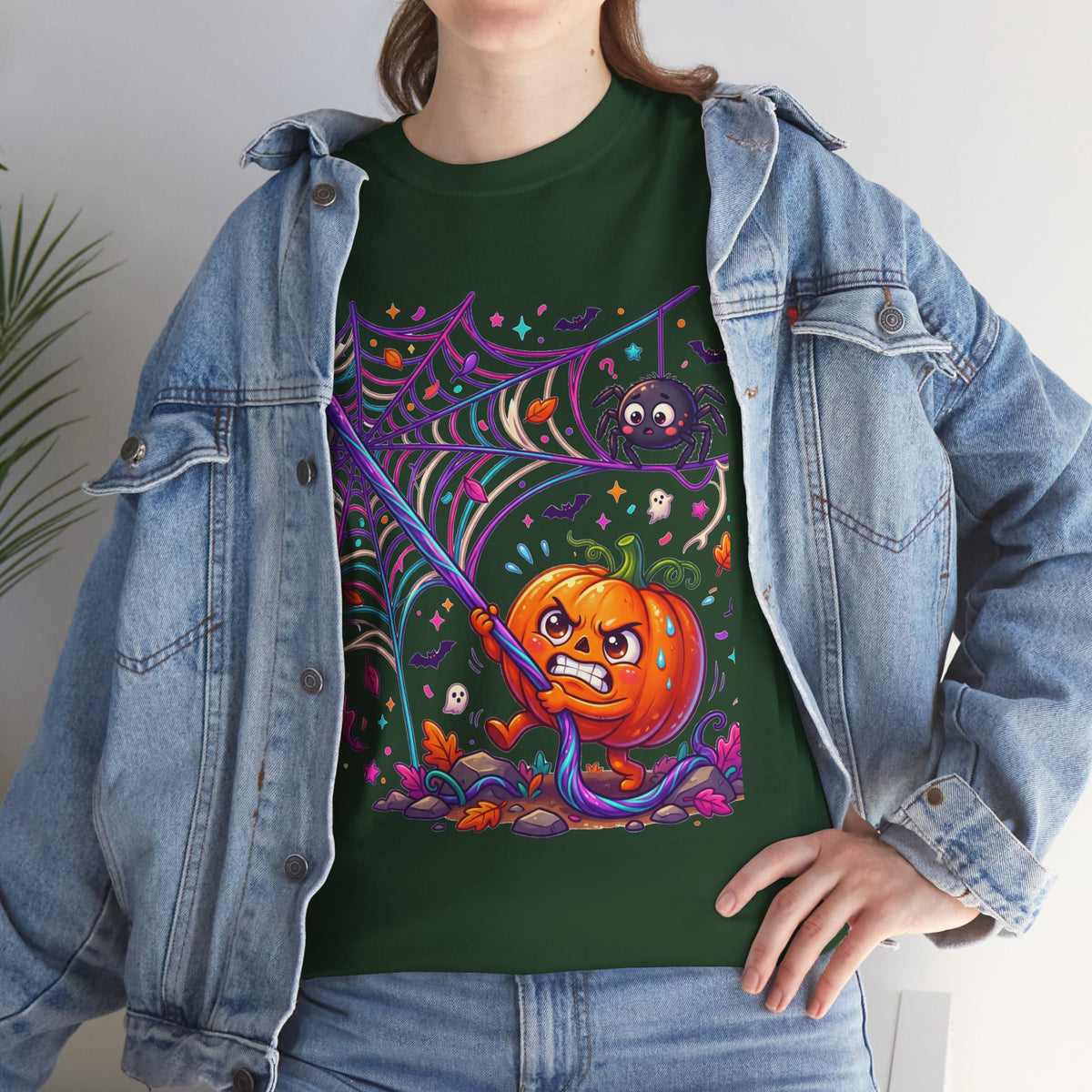 Pumpkin Spider Web Halloween T‑Shirt — Cute Spooky Pumpkin Cartoon Tee