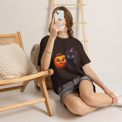 Halloween Black Cat & Pumpkin T‑Shirt — Cute Witch Hat Kitty Fall Tee