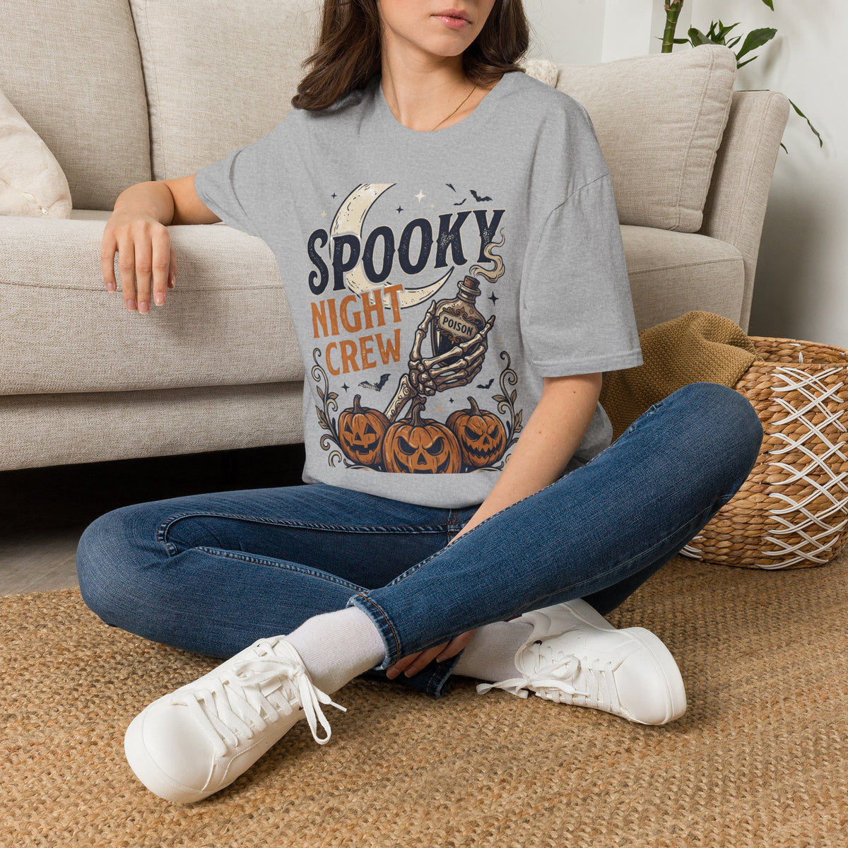 Spooky Night Crew T-Shirt — Halloween Moon, Skeleton & Pumpkins Tee