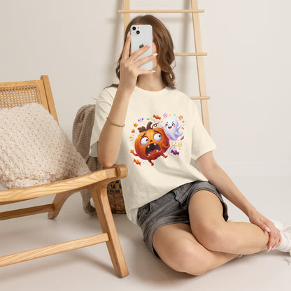 Cute Halloween Pumpkin & Ghost Tee — Scared Pumpkin Candy Graphic T-Shirt