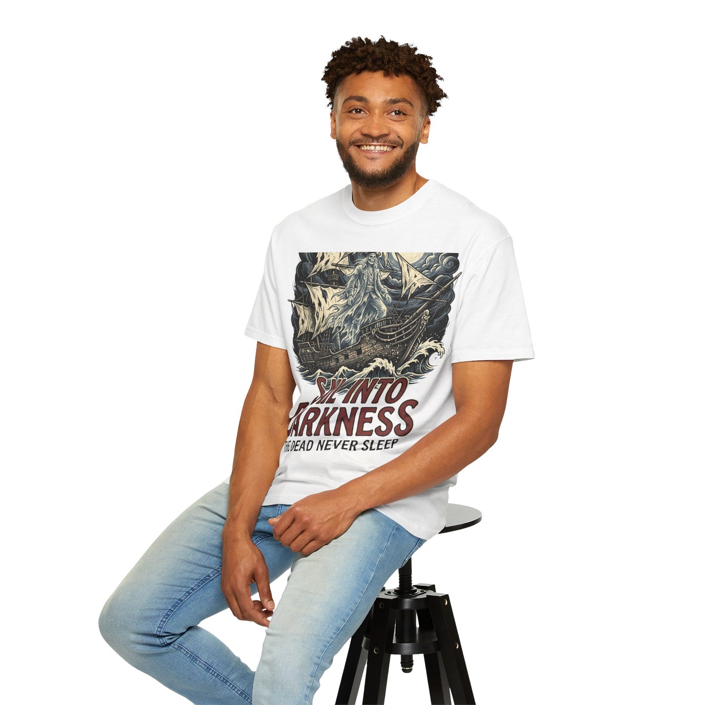 Sail Into Darkness Graphic T-Shirt — Gothic Pirate Skull Crew Tee