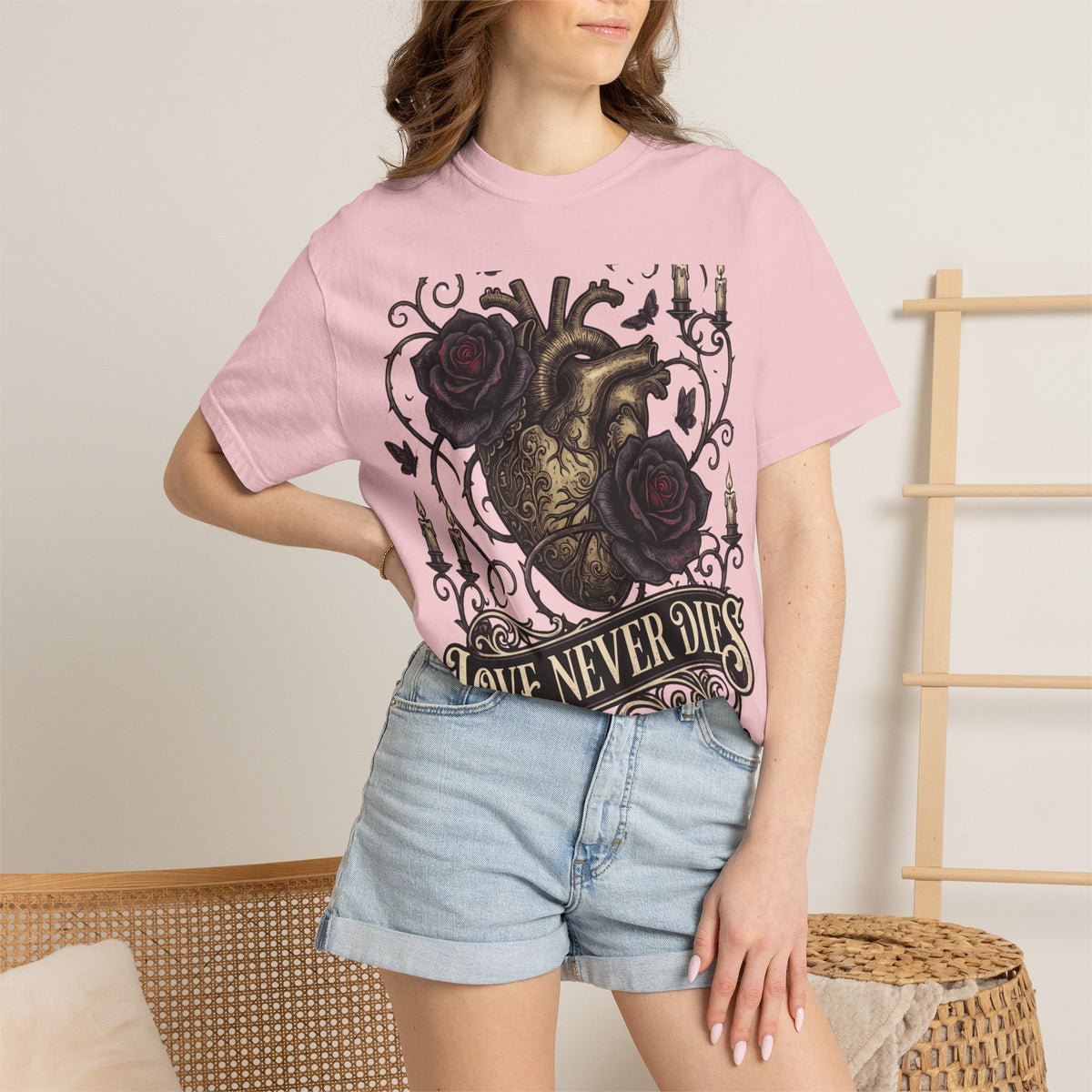 Love Never Dies Heart T-Shirt — Gothic Rose "Forever After Dark" Tee