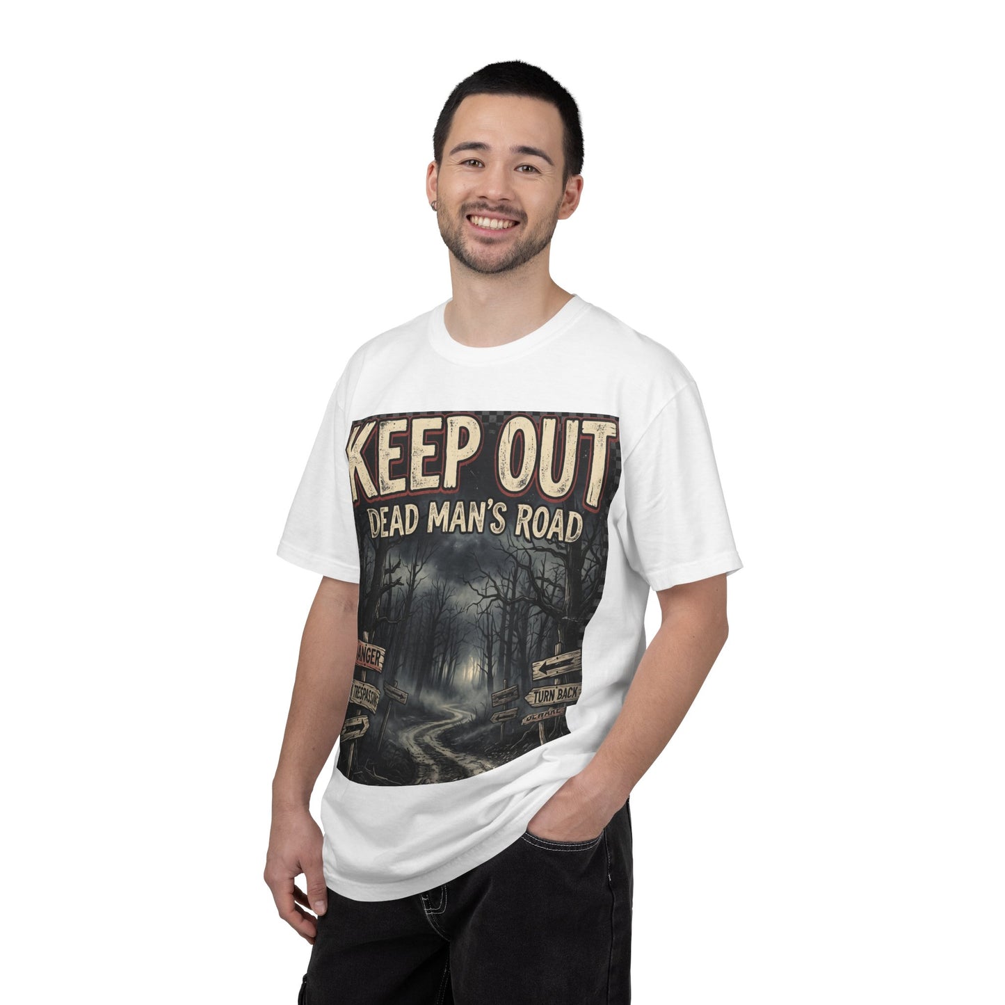 Keep Out "Dead Man's Road" T-Shirt — Spooky Haunted Forest Graphic Tee