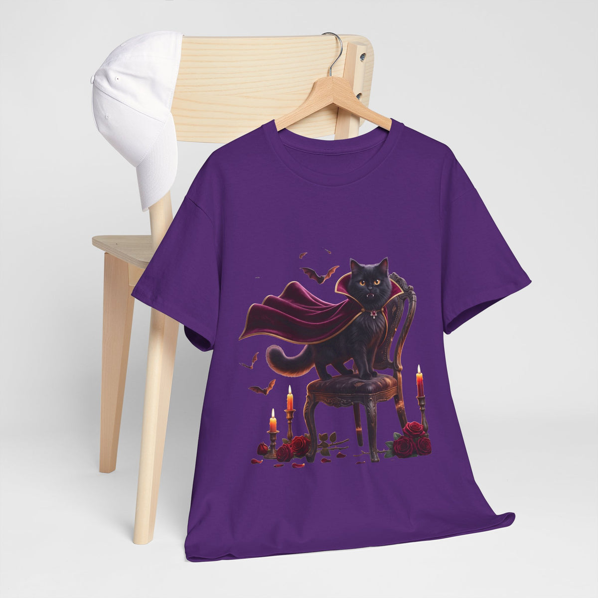 Vampire Cat Tee — Gothic Black Cat with Cape & Candles T-Shirt