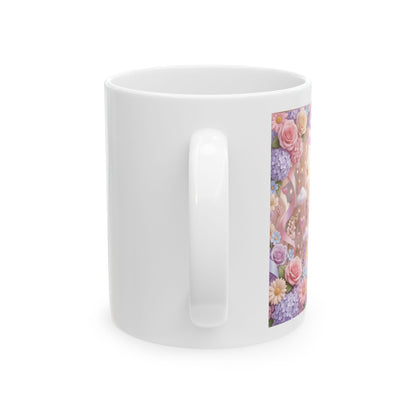 Cute Girl & Teddy Bear Floral Ceramic Mug (11oz, 15oz)