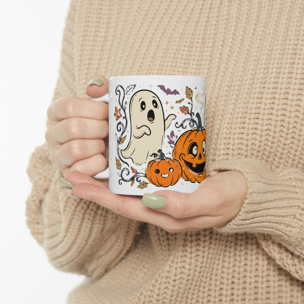 Halloween Pumpkin & Ghost Ceramic Mug — Cute Spooky Fall Coffee Cup (11oz/15oz)