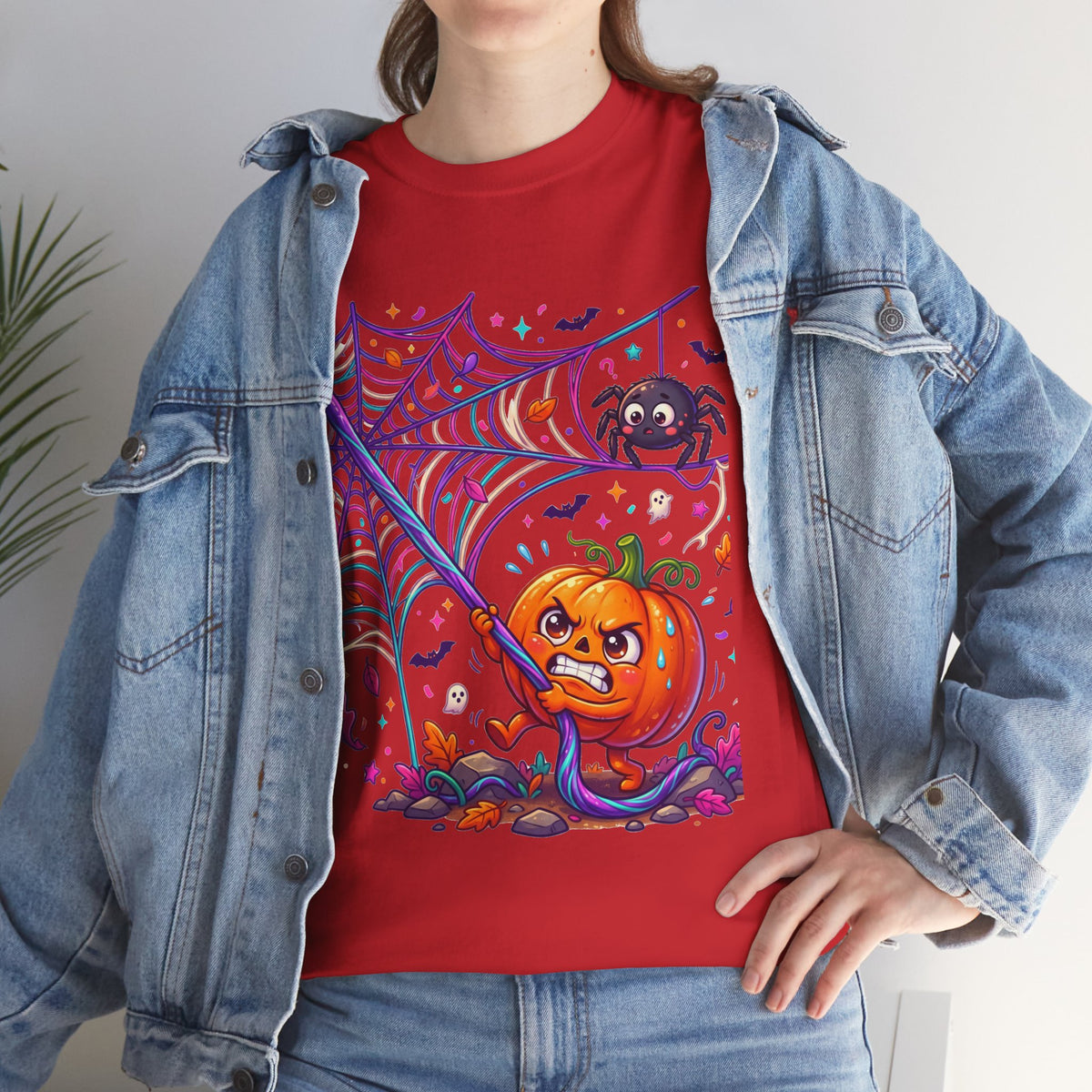Pumpkin Spider Web Halloween T‑Shirt — Cute Spooky Pumpkin Cartoon Tee