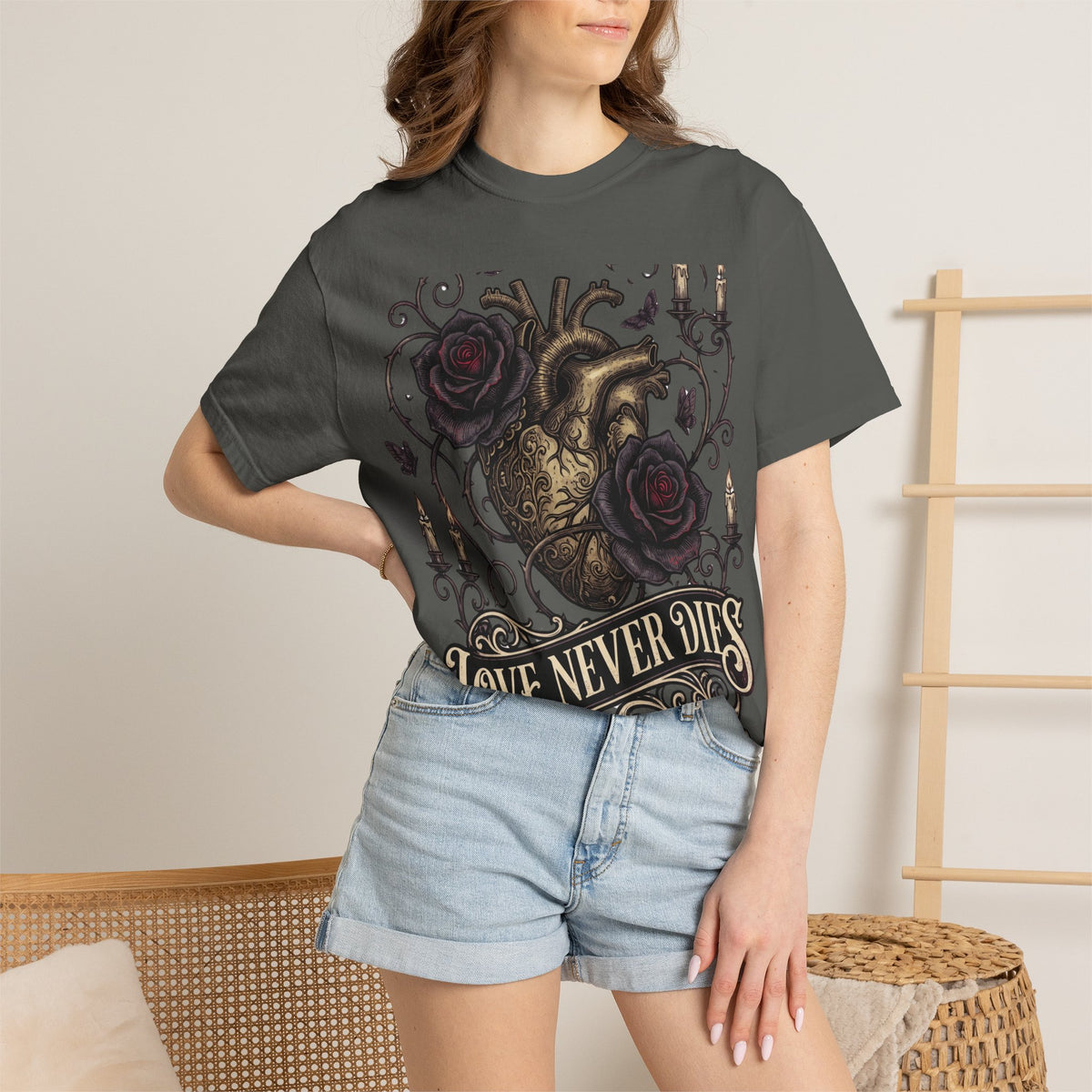 Love Never Dies Heart T-Shirt — Gothic Rose "Forever After Dark" Tee
