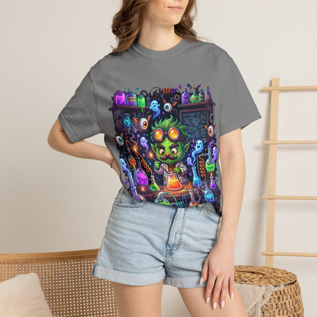 Mad Scientist Cat Lab T-Shirt — Neon Potion Halloween Tee
