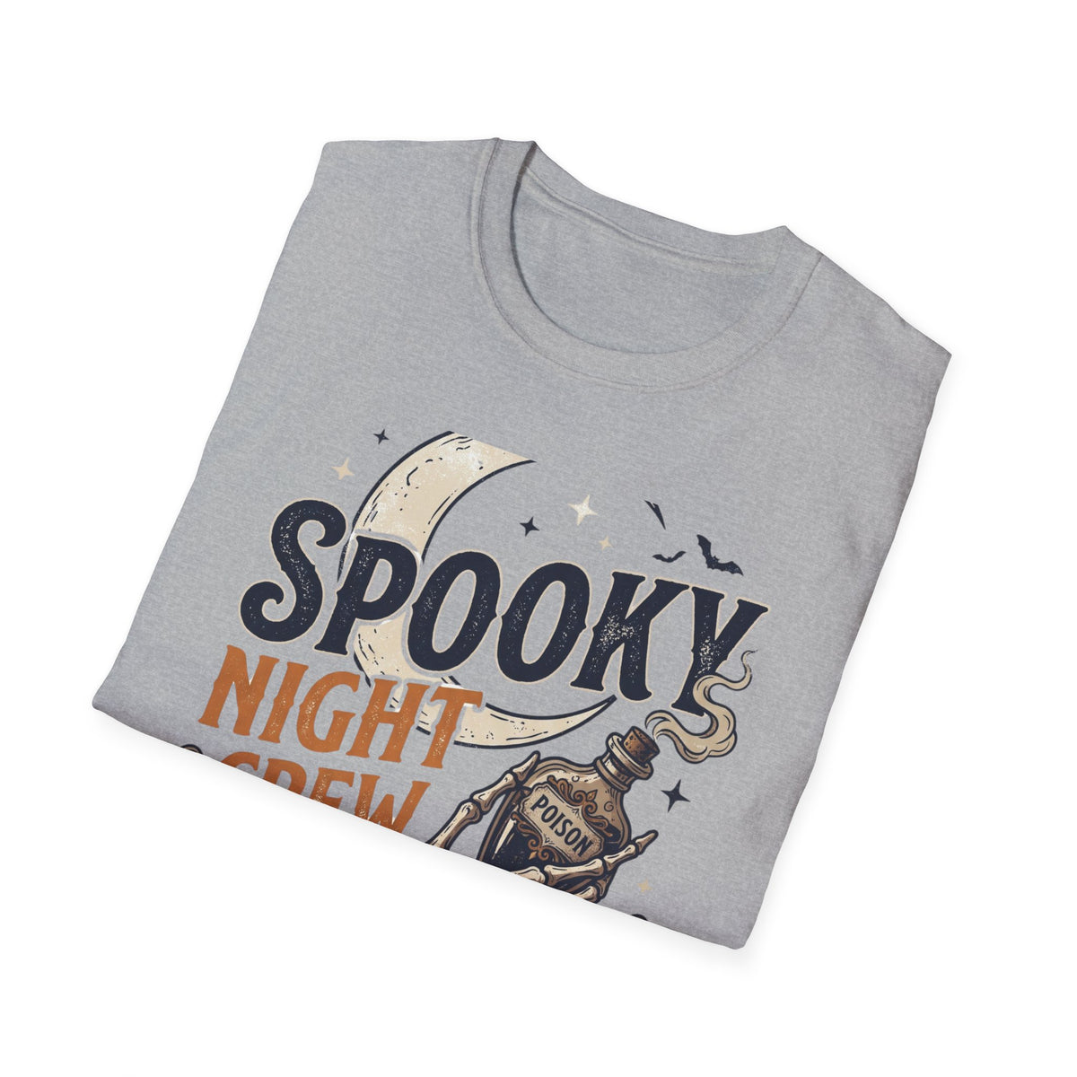 Spooky Night Crew T-Shirt — Halloween Moon, Skeleton & Pumpkins Tee