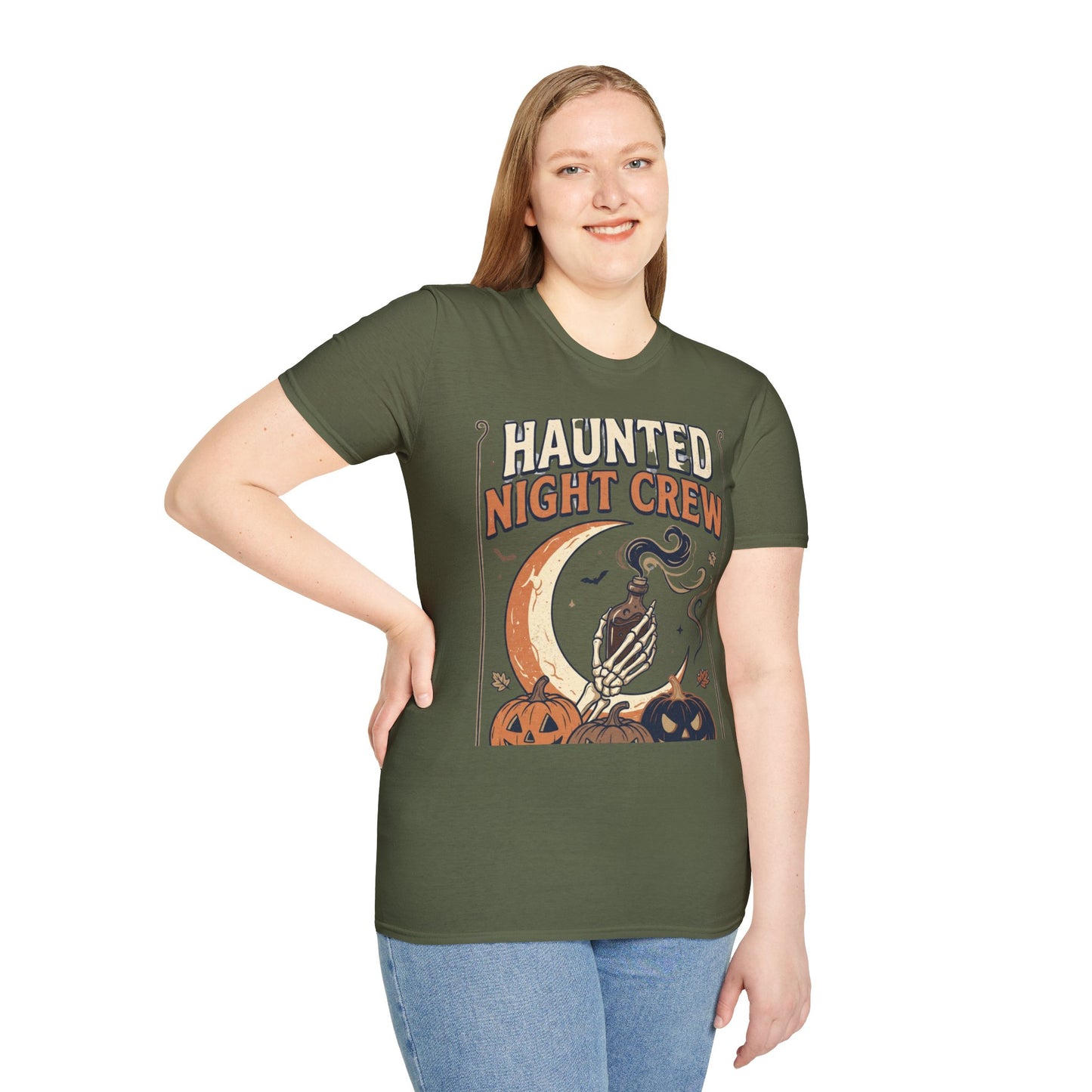 Haunted Night Crew T-Shirt — Retro Halloween Skeleton & Pumpkin Tee