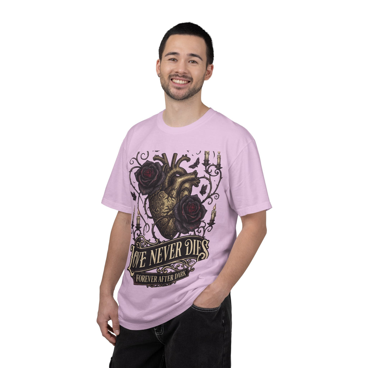 Love Never Dies Heart T-Shirt — Gothic Rose "Forever After Dark" Tee