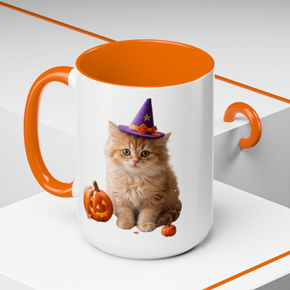 Halloween Cat Coffee Mug with Witch Hat and Pumpkin