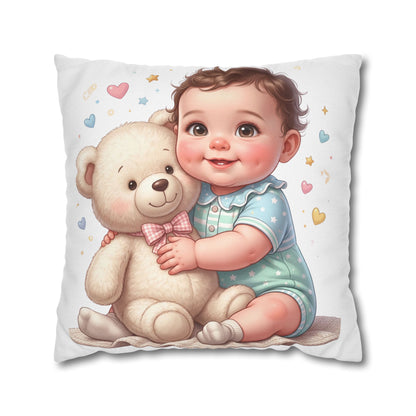 Baby & Teddy Square Pillowcase - Cute Infant Nursery Decorative Throw Pillow