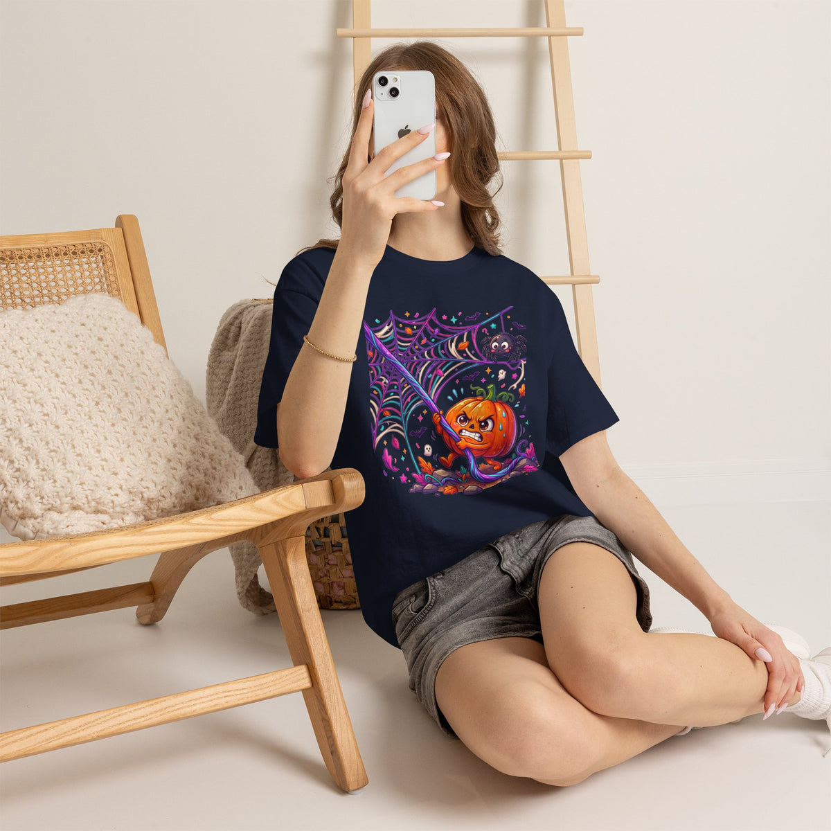 Pumpkin Spider Web Halloween T‑Shirt — Cute Spooky Pumpkin Cartoon Tee
