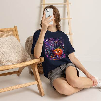 Pumpkin Spider Web Halloween T‑Shirt — Cute Spooky Pumpkin Cartoon Tee