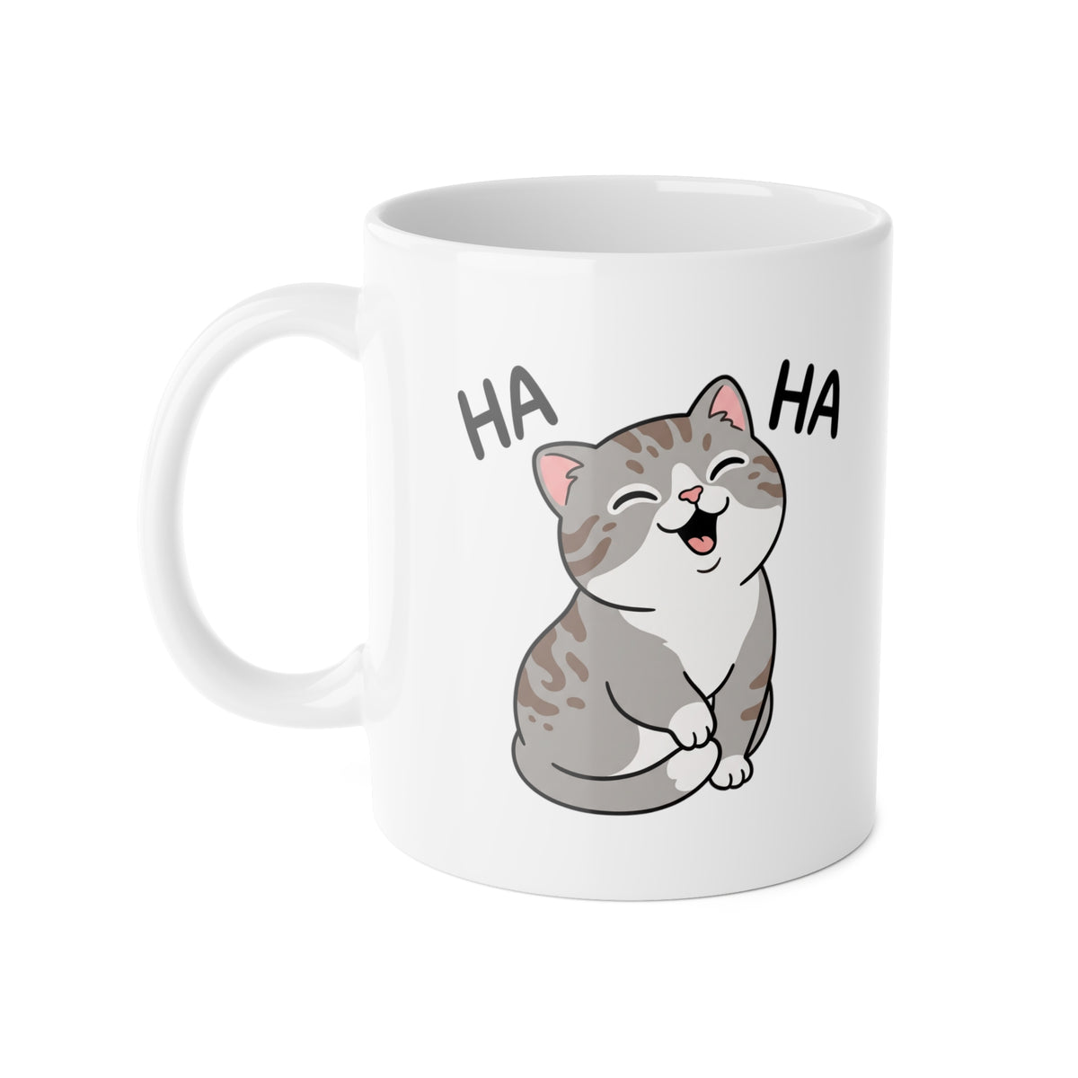 Laughing Cat Mug — Cute Grey Kitten 'HA HA' Ceramic Coffee Cup, Funny Cat Lover Gift