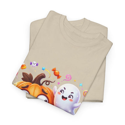 Cute Halloween Pumpkin & Ghost Tee — Scared Pumpkin Candy Graphic T-Shirt