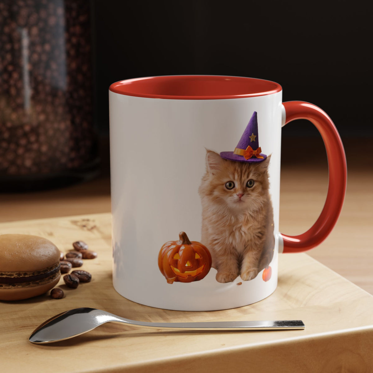 Halloween Cat Coffee Mug with Witch Hat and Pumpkin