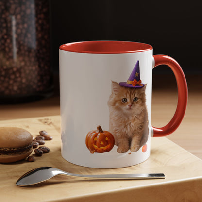 Halloween Cat Coffee Mug with Witch Hat and Pumpkin