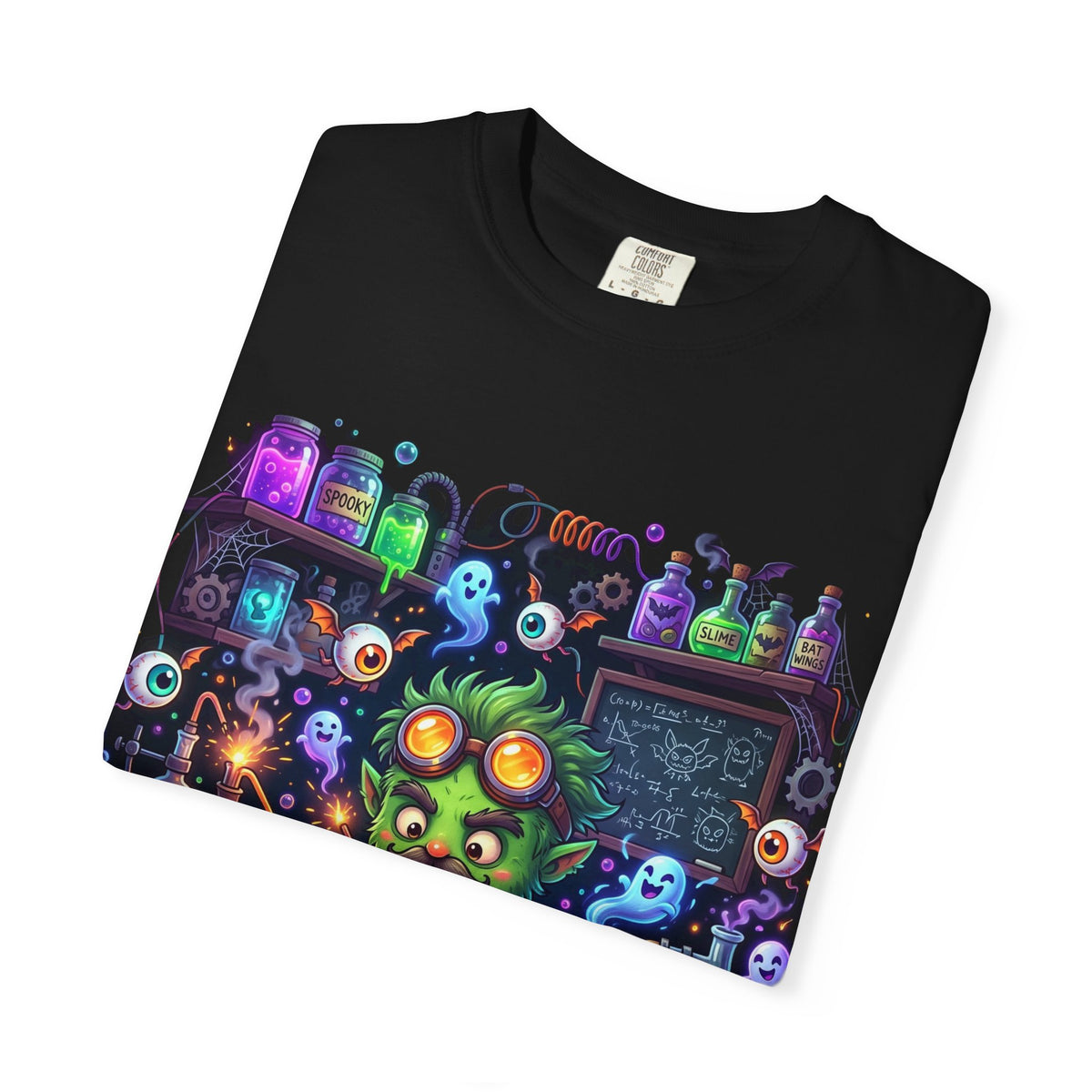 Mad Scientist Cat Lab T-Shirt — Neon Potion Halloween Tee