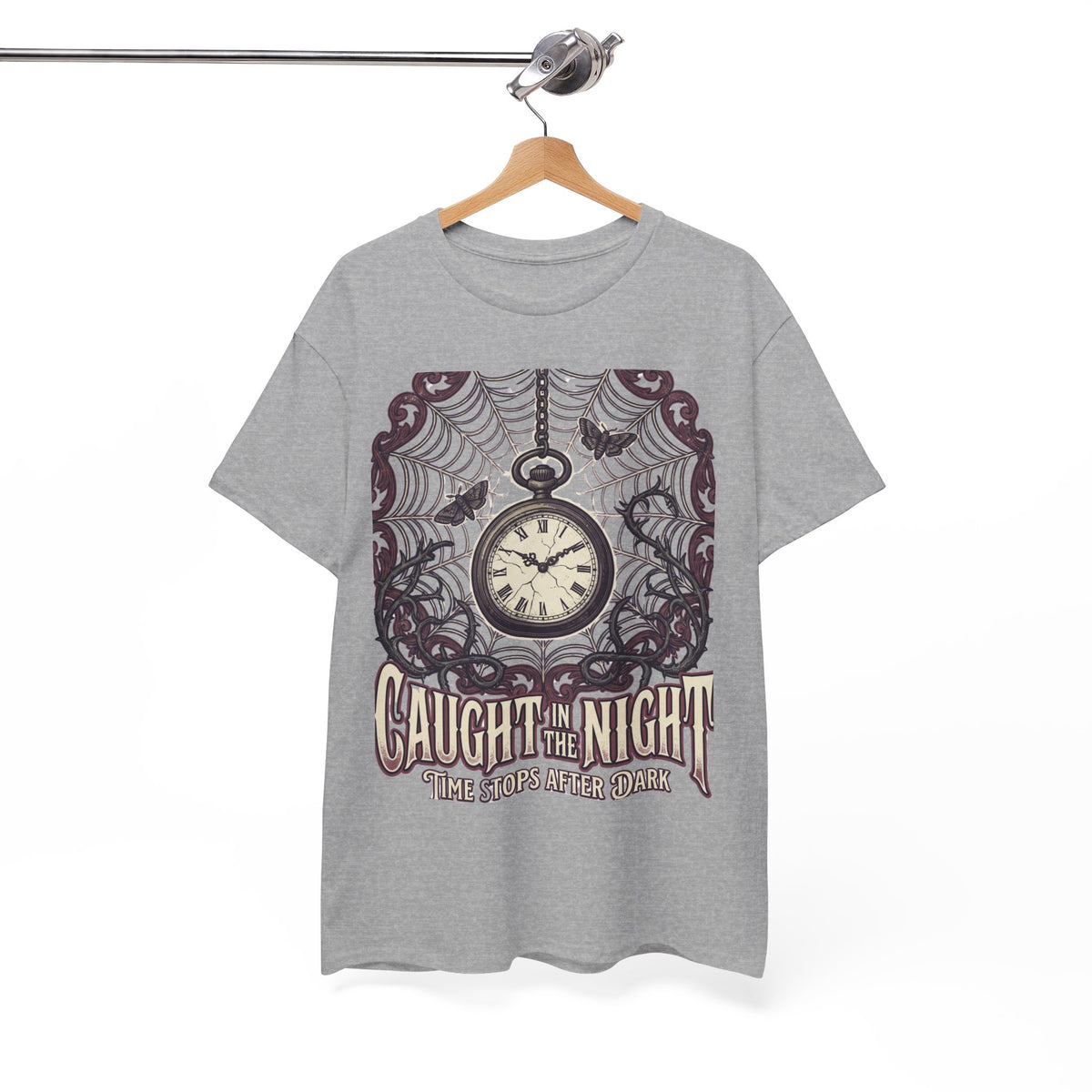 Caught in the Night Pocket Watch Tee — Gothic Spiderweb Vintage Clock T‑Shirt
