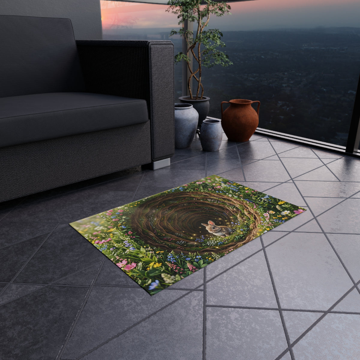Whimsical Bunny Meadow Outdoor Rug
