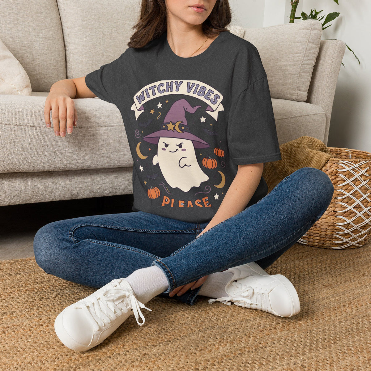 Witchy Vibes T‑Shirt — Cute Ghost Witch Halloween Tee