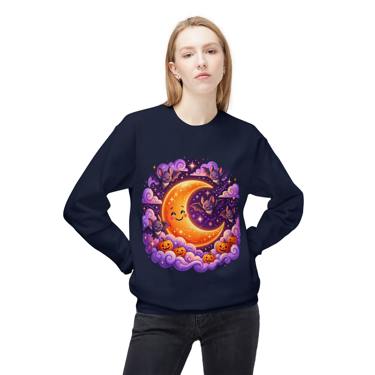 Halloween Moon Crewneck Sweatshirt — Cute Smiling Moon, Pumpkins & Bats Pullover