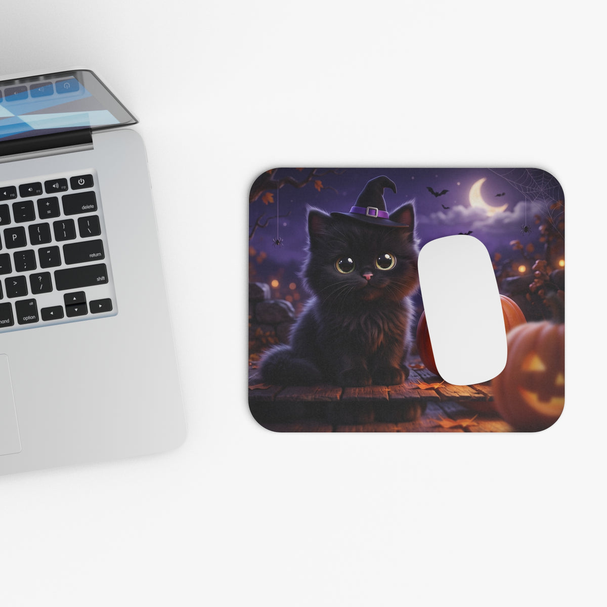 Halloween Black Kitten Mouse Pad — Cute Witch Cat with Jack-O'-Lanterns