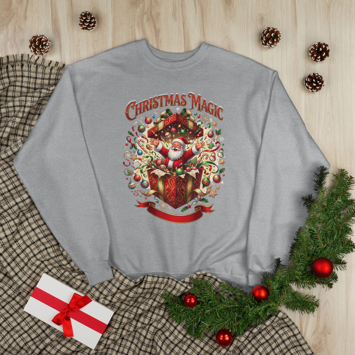 Christmas Magic Crewneck Sweatshirt — Santa Gift Box Holiday Pullover