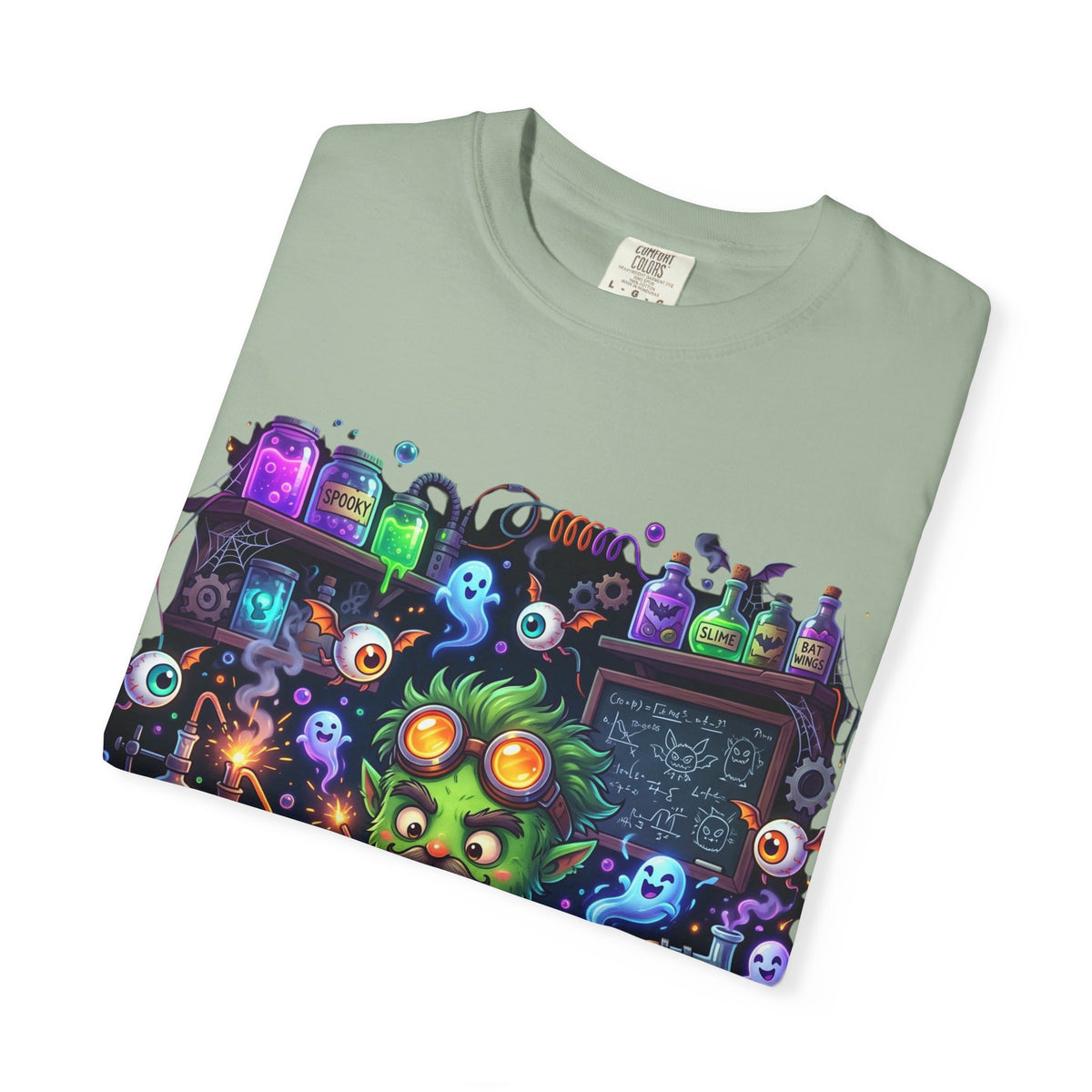 Mad Scientist Cat Lab T-Shirt — Neon Potion Halloween Tee