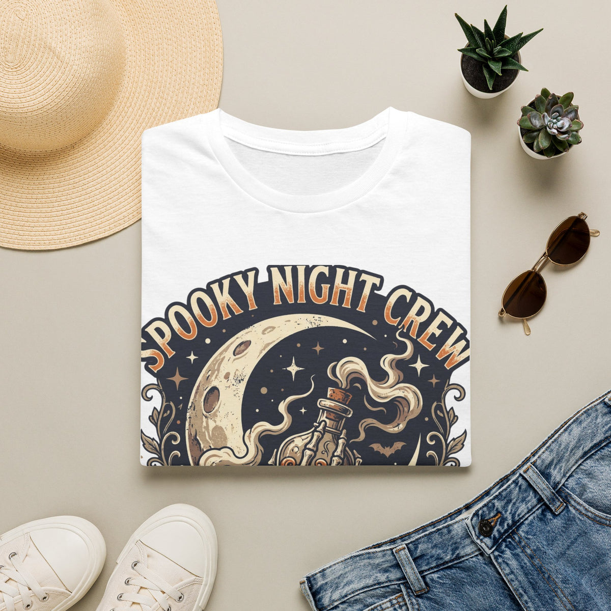 Spooky Night Crew T-Shirt — Vintage Halloween Moon & Skeleton Graphic
