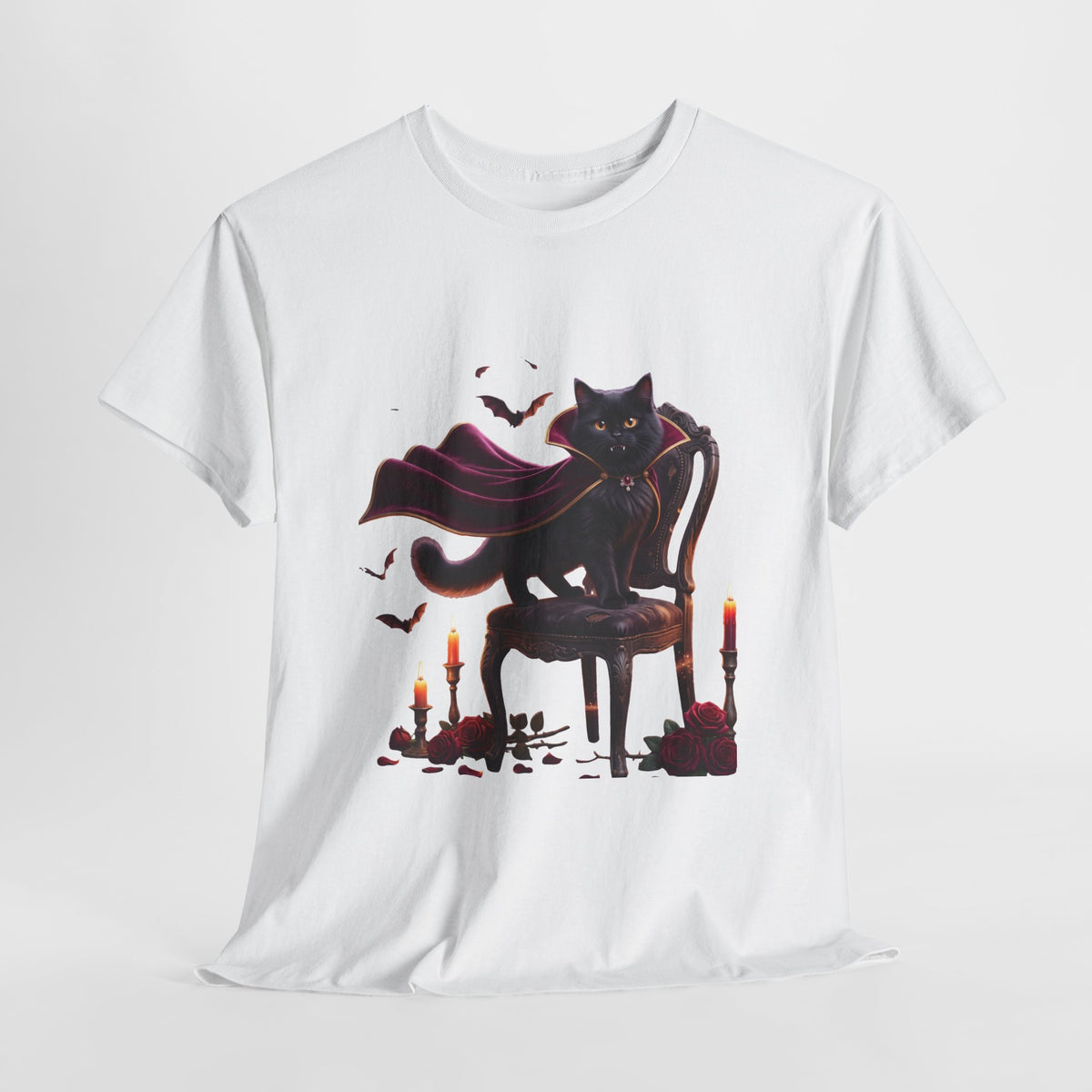 Vampire Cat Tee — Gothic Black Cat with Cape & Candles T-Shirt
