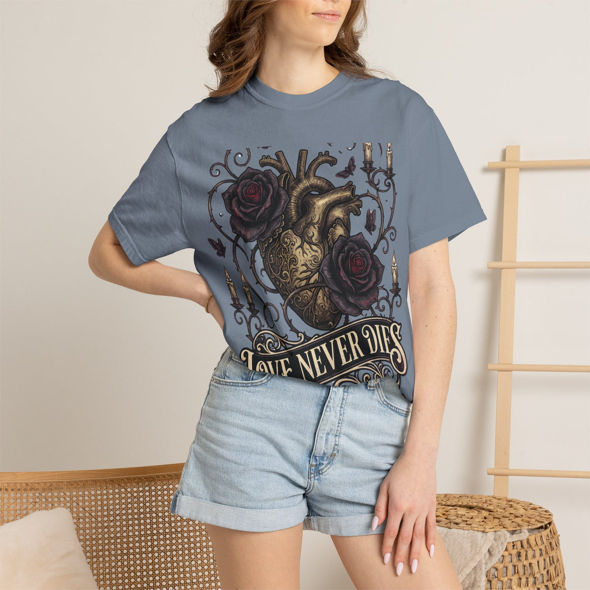 Love Never Dies Heart T-Shirt — Gothic Rose "Forever After Dark" Tee