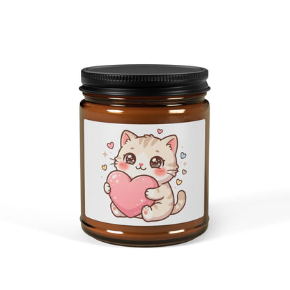 Cute Kitten Heart Soy Candle — Amber Jar Scented Candle (Valentine’s Gift)