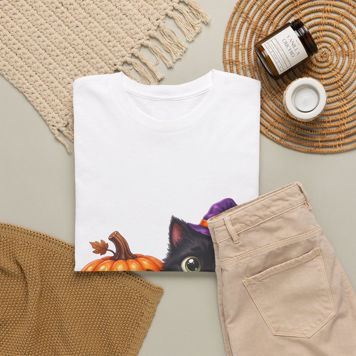 Halloween Black Cat & Pumpkin T‑Shirt — Cute Witch Hat Kitty Fall Tee