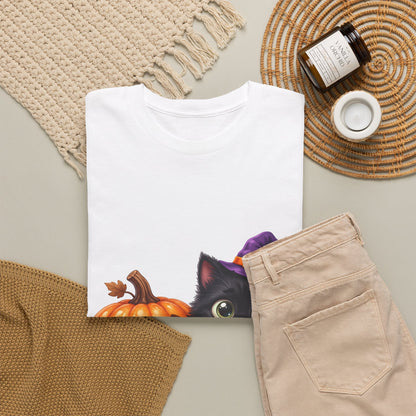 Halloween Black Cat & Pumpkin T‑Shirt — Cute Witch Hat Kitty Fall Tee