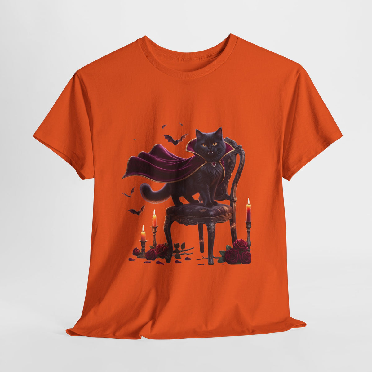Vampire Cat Tee — Gothic Black Cat with Cape & Candles T-Shirt