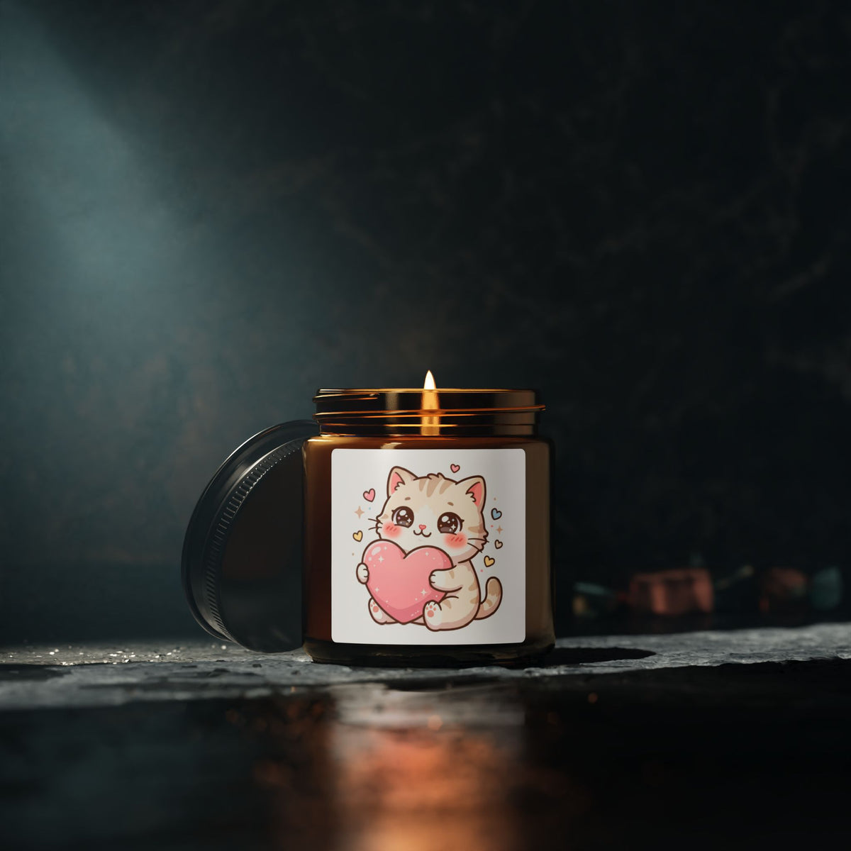 Cute Kitten Heart Soy Candle — Amber Jar Scented Candle (Valentine’s Gift)