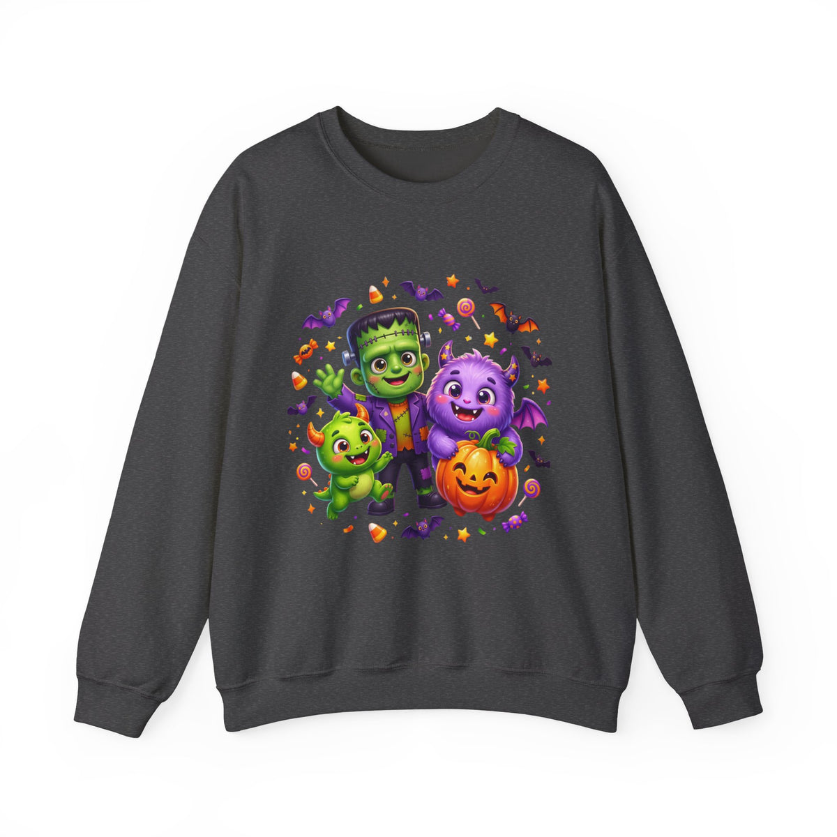Halloween Monster Crewneck Sweatshirt — Cute Frankenstein, Vampire & Pumpkin Design