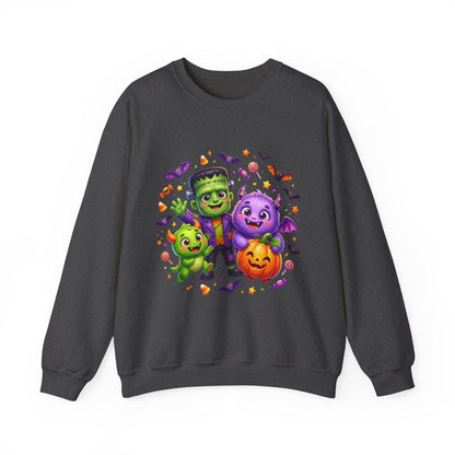 Halloween Monster Crewneck Sweatshirt — Cute Frankenstein, Vampire & Pumpkin Design