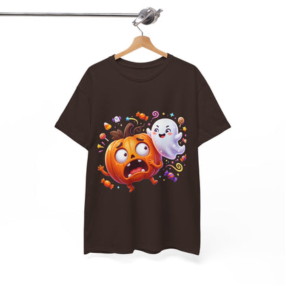Cute Halloween Pumpkin & Ghost Tee — Scared Pumpkin Candy Graphic T-Shirt