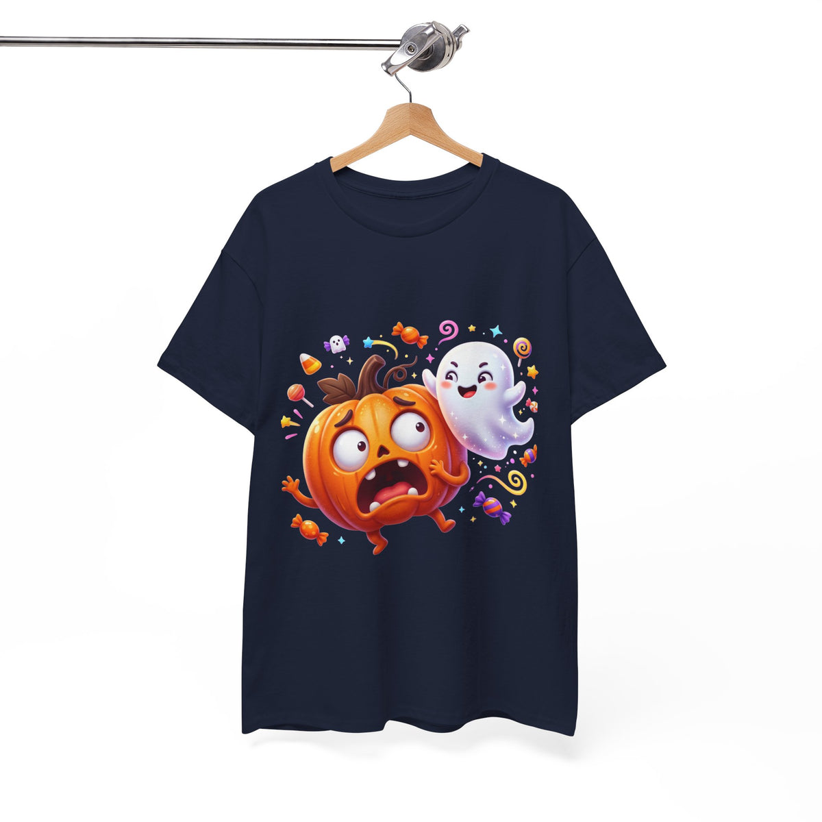 Cute Halloween Pumpkin & Ghost Tee — Scared Pumpkin Candy Graphic T-Shirt