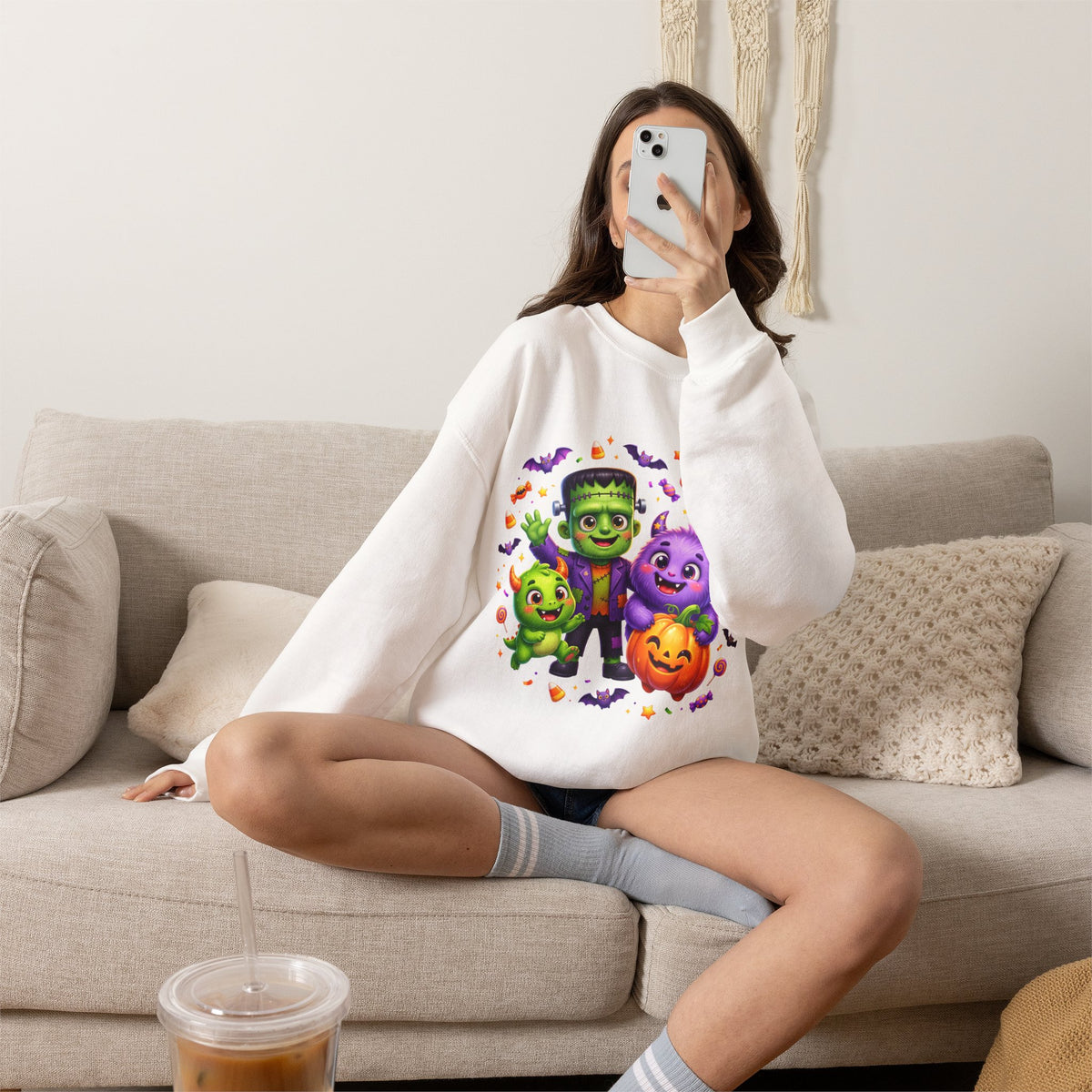 Halloween Monster Crewneck Sweatshirt — Cute Frankenstein, Vampire & Pumpkin Design