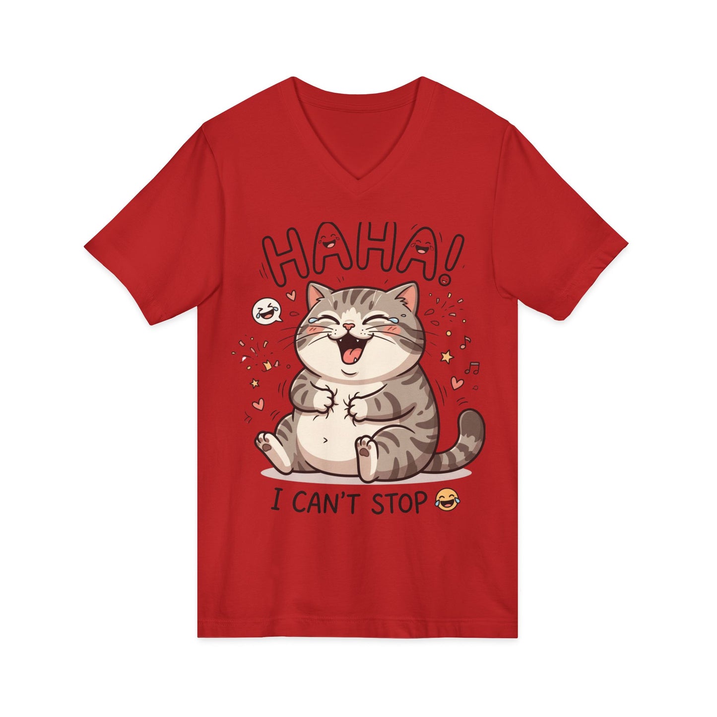 Funny Laughing Cat V-Neck Tee — "HAHA! I Can't Stop" Cute Graphic Shirt
