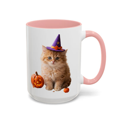 Halloween Cat Coffee Mug with Witch Hat and Pumpkin