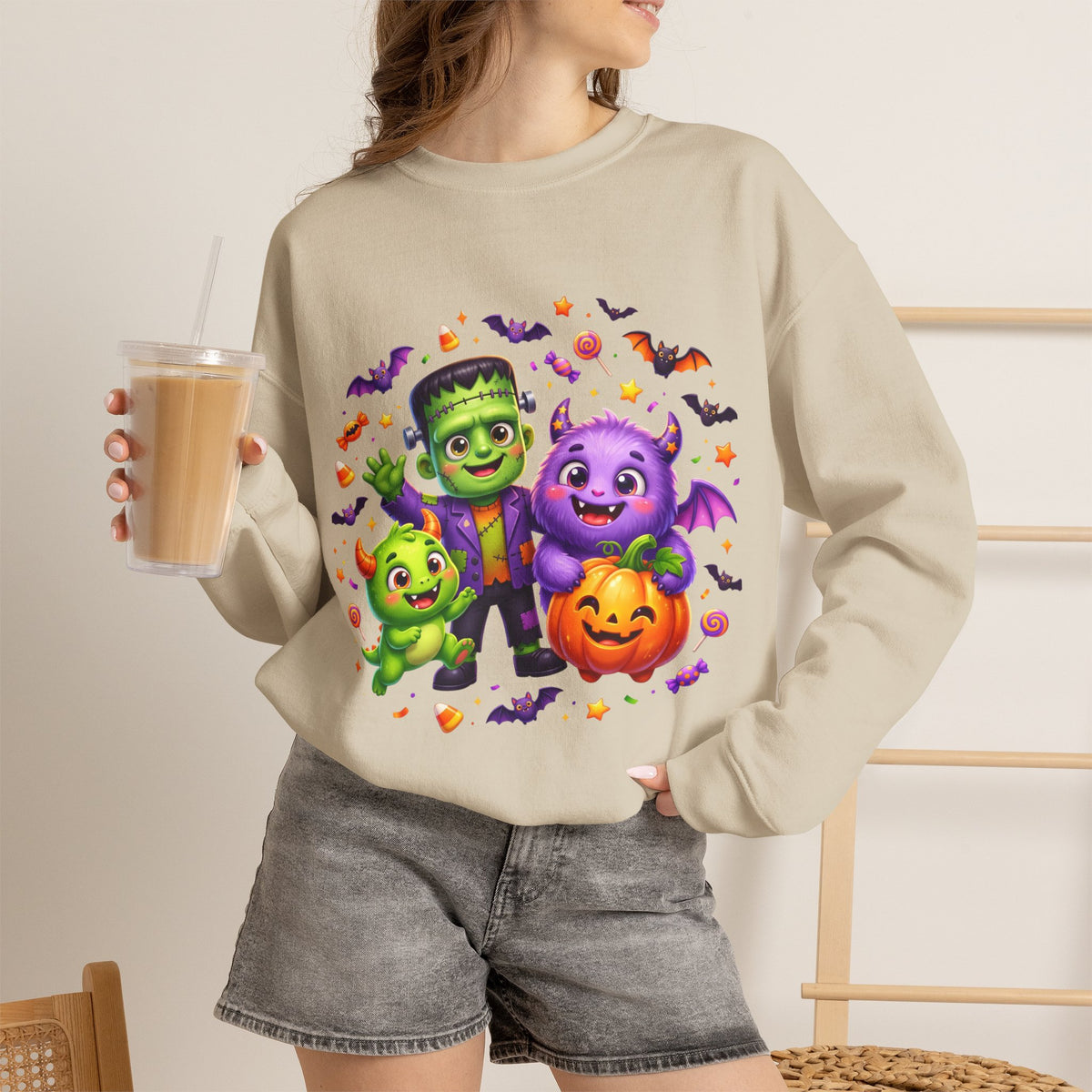 Halloween Monster Crewneck Sweatshirt — Cute Frankenstein, Vampire & Pumpkin Design