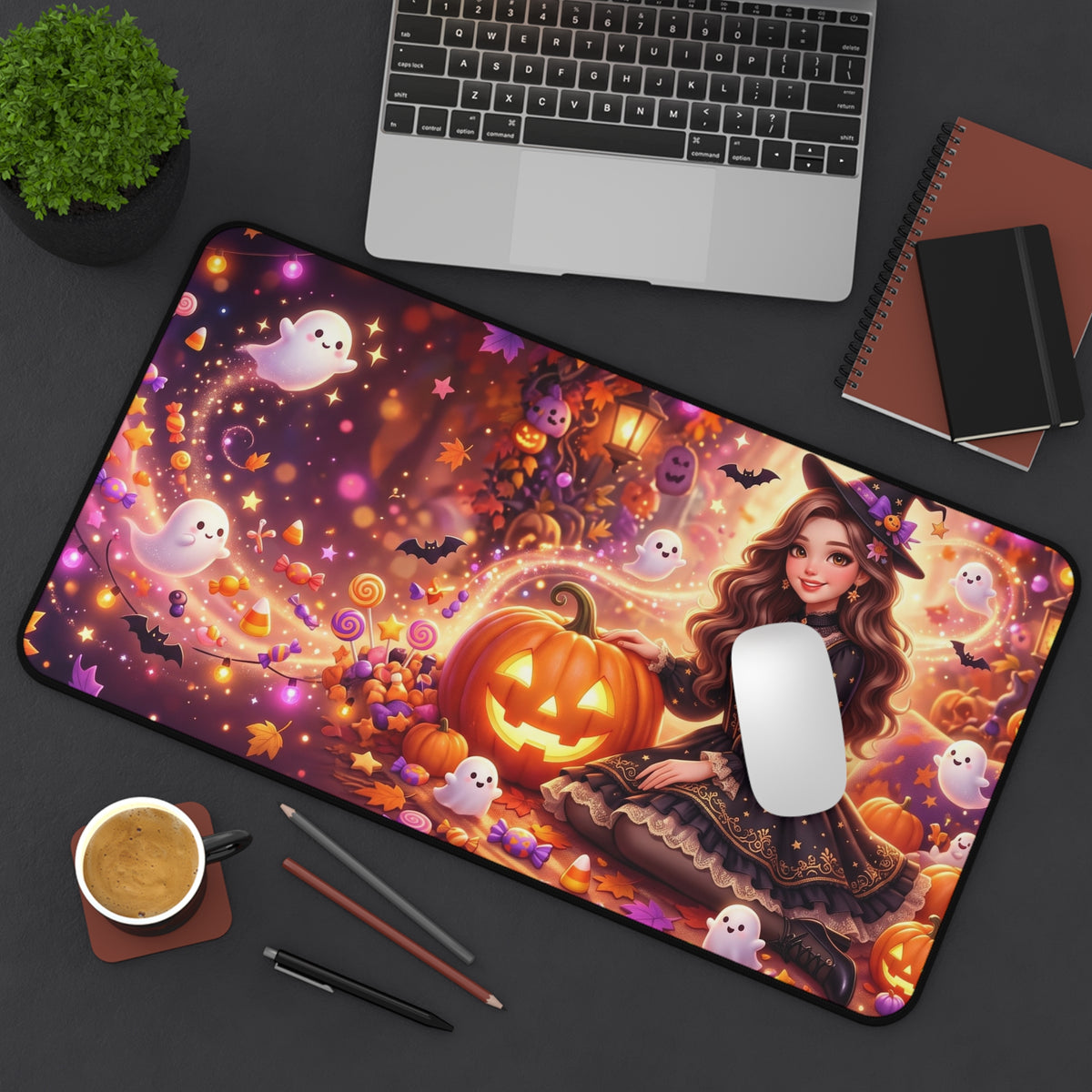 Halloween Witch Desk Mat — Cute Pumpkin & Ghosts Gaming Mouse Pad